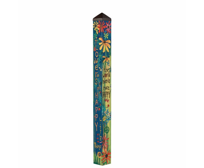 60-inch art pole with a white circular base featuring the text 'The World Needs More Happy' in black lettering.