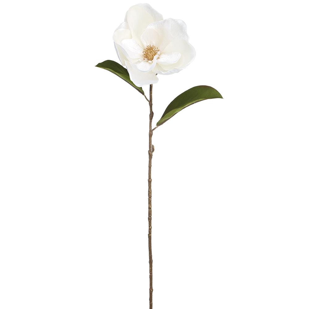 29-inch white shimmer velvet magnolia spray with two green leaves and a brown textured stem.