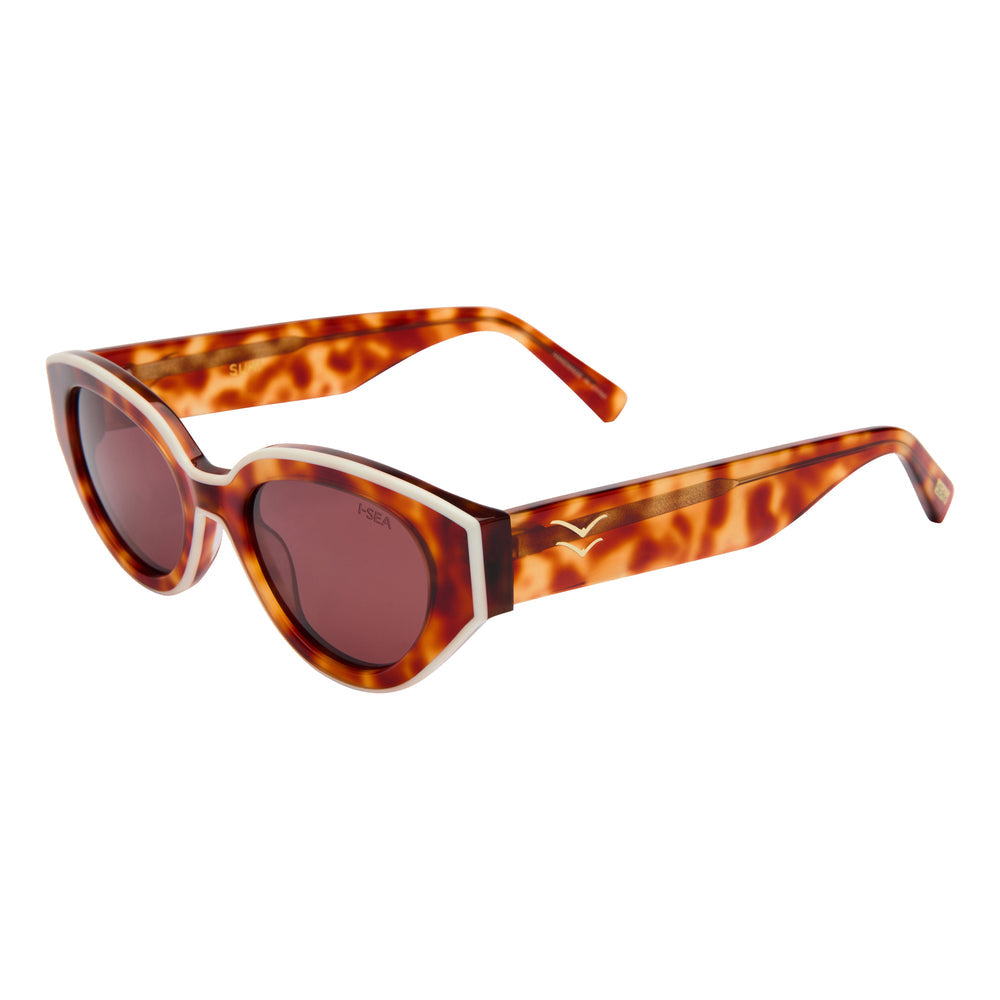 Suki Honey Tort sunglasses with plum polarized lenses in a tortoiseshell frame.