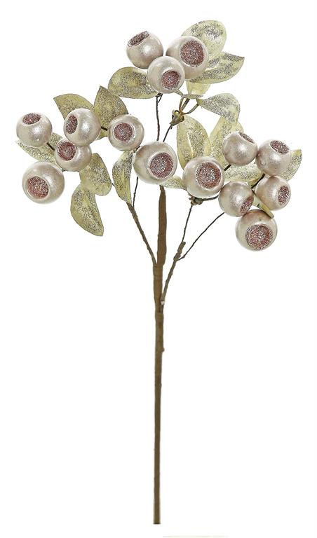 12-inch rose gold glittered crater berry pick with shimmering leaves on a brown stem.