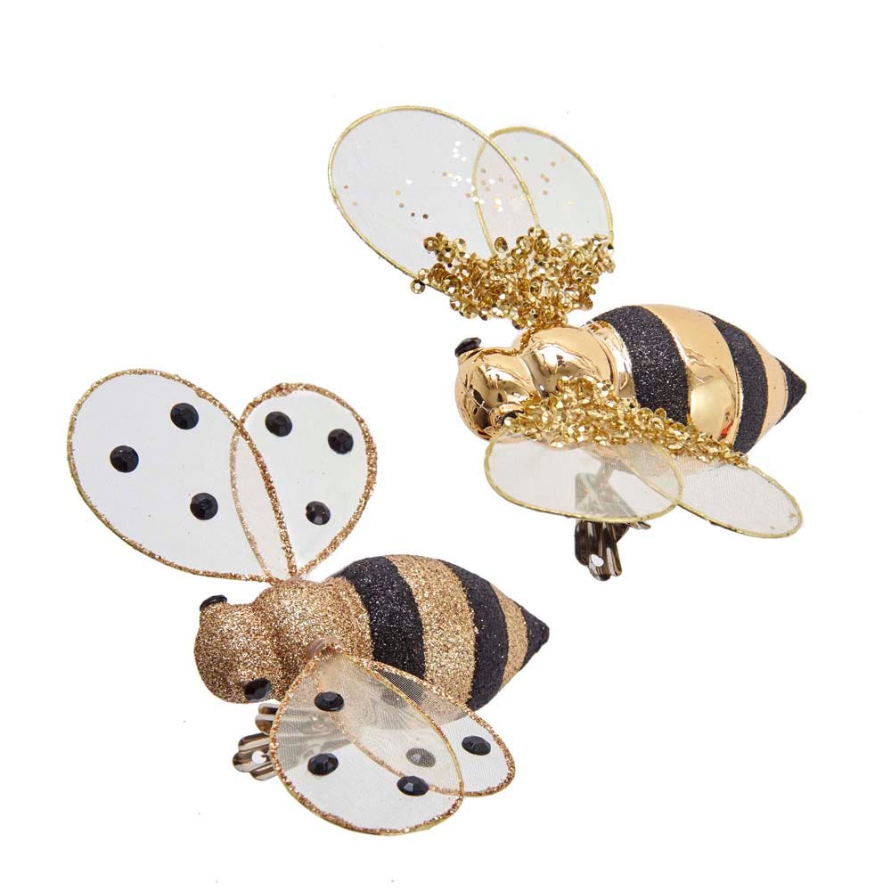Two gold and black glitter honey bee clip-on ornaments with sheer wings and gold accents.