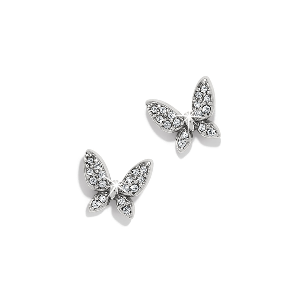 Silver-plated butterfly post earrings adorned with fine quality crystals on a white background.