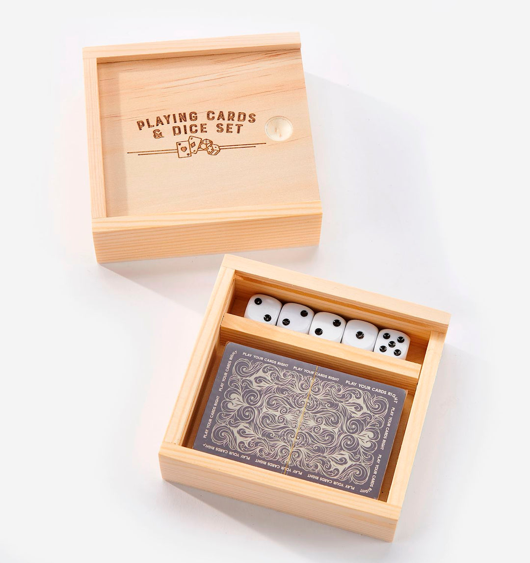 Wooden box set containing a deck of patterned playing cards and five white dice with black pips.