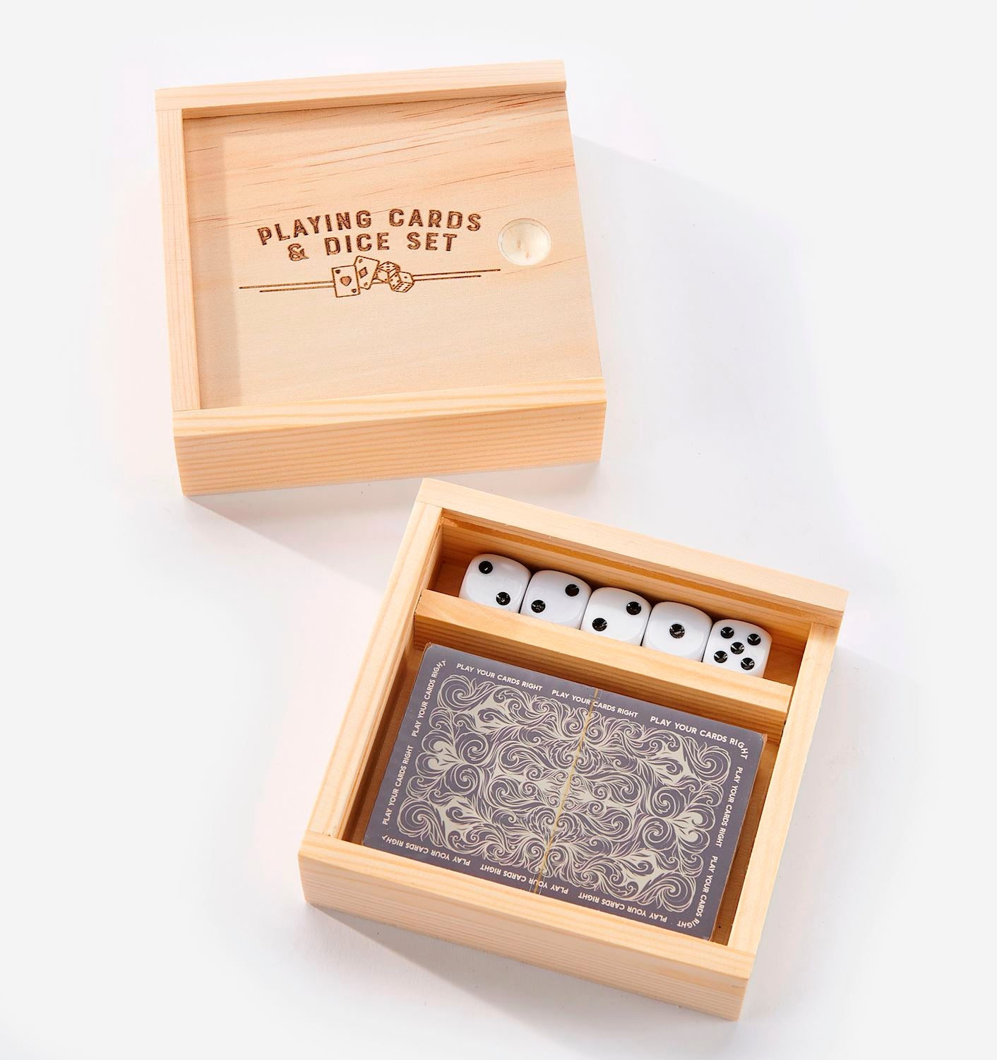Wooden box set containing a deck of patterned playing cards and five white dice with black pips.