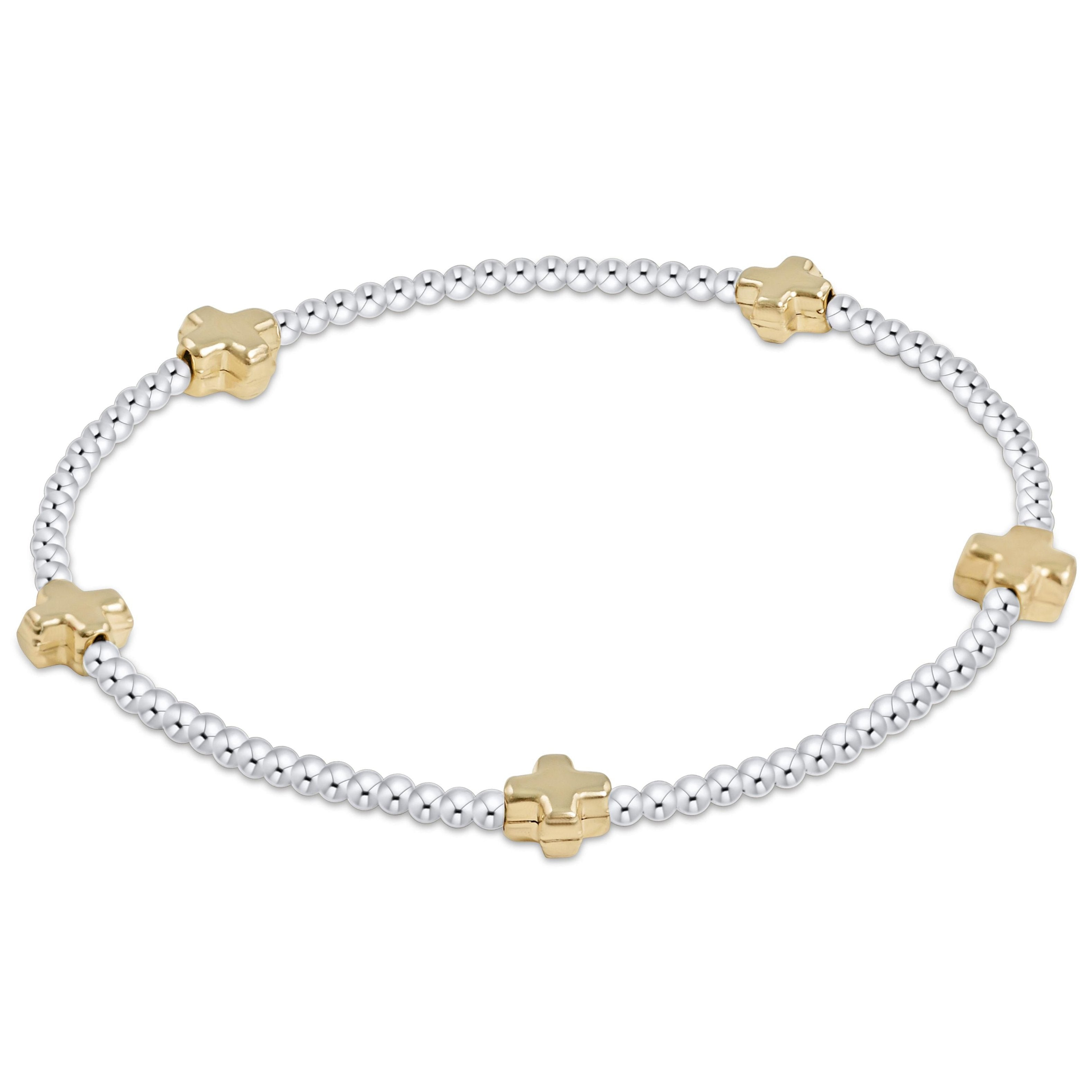 Signature Cross Small Mixed Metal Bracelet with 2mm sterling silver beads and five gold crosses.