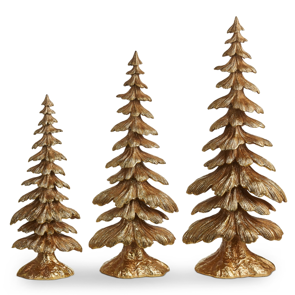 Three gold-colored, multi-tiered resin evergreen tree statues in varying heights.