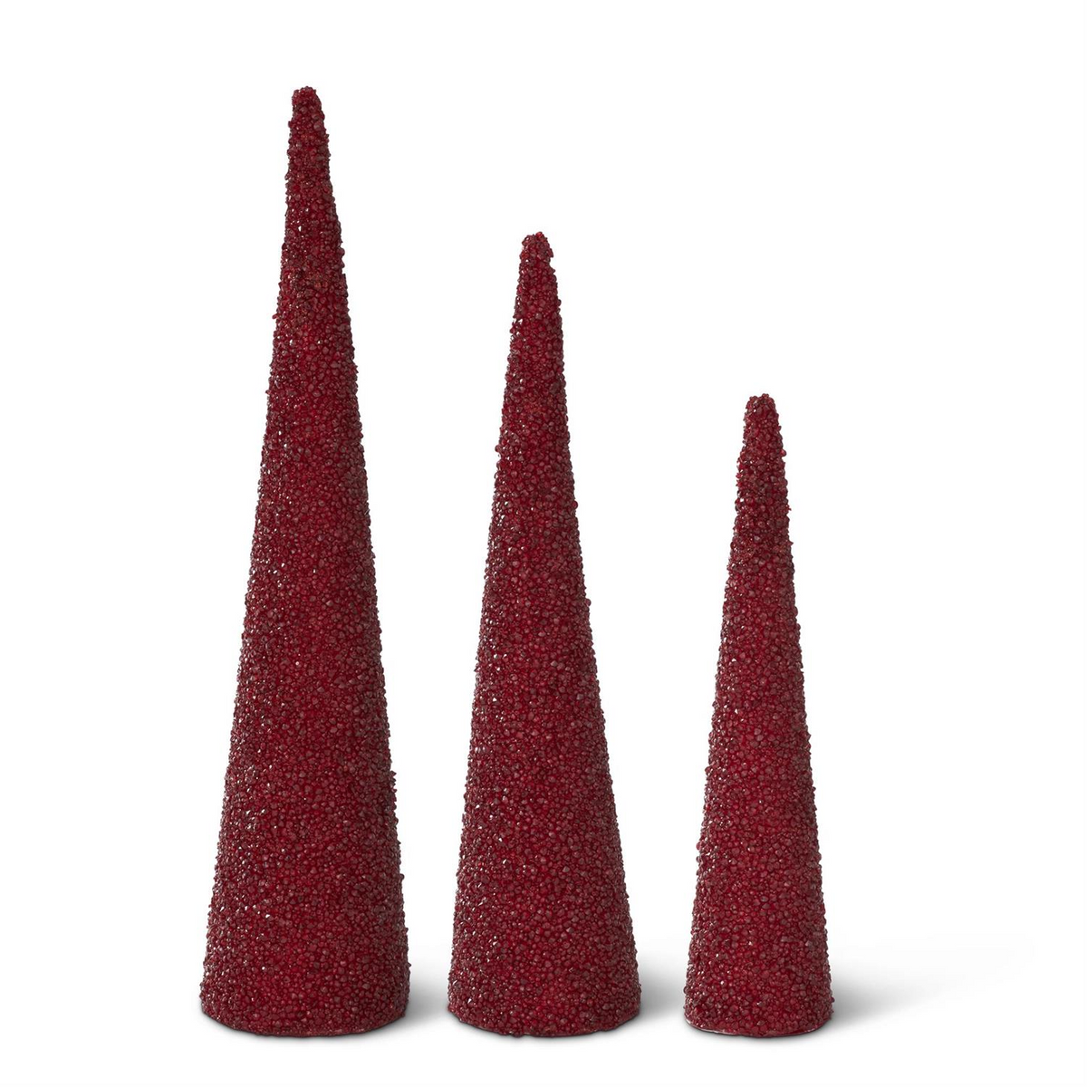 Three burgundy icy cone trees in varying heights with a textured, beaded finish.