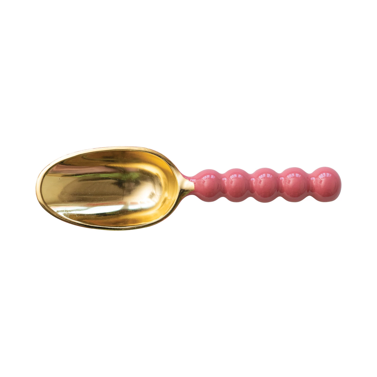 Enameled aluminum scoop with a rounded bowl shape.