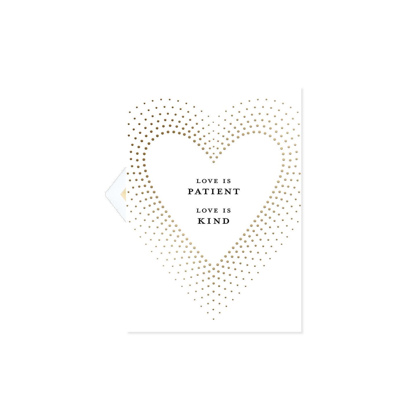White greeting card with gold polka dots featuring a heart shape