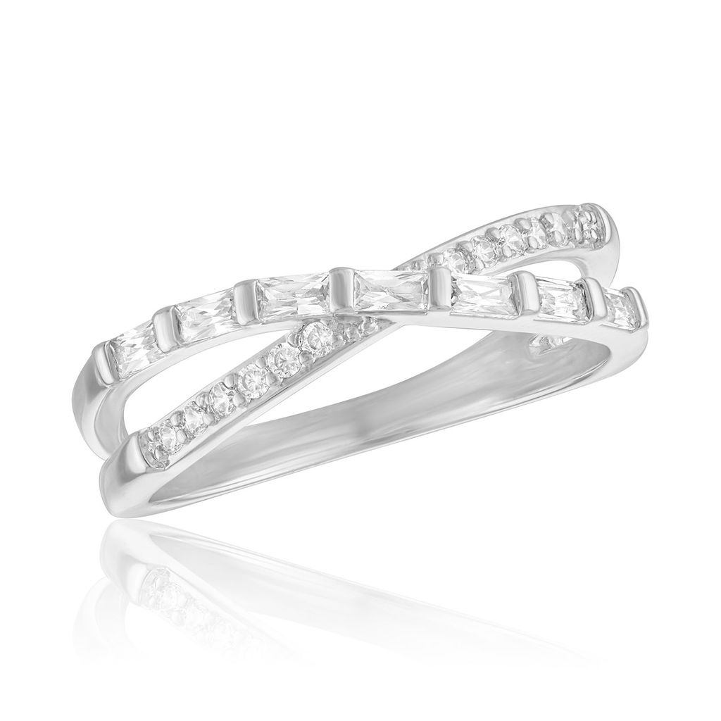 Silver-tone crossover stack ring featuring baguette and round-cut shimmering crystals.
