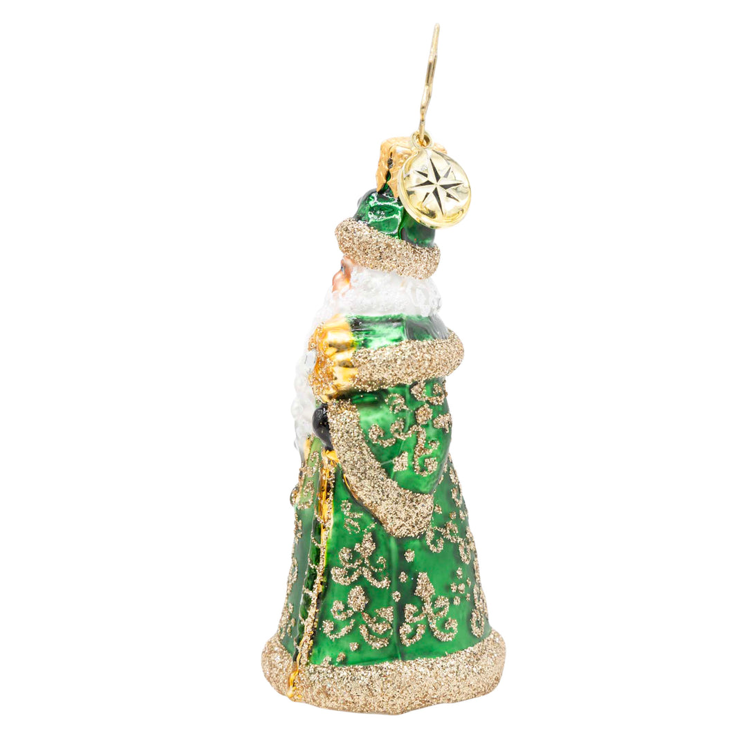 Emerald Elegance Gem glass Santa ornament in a green robe with gold glitter accents.