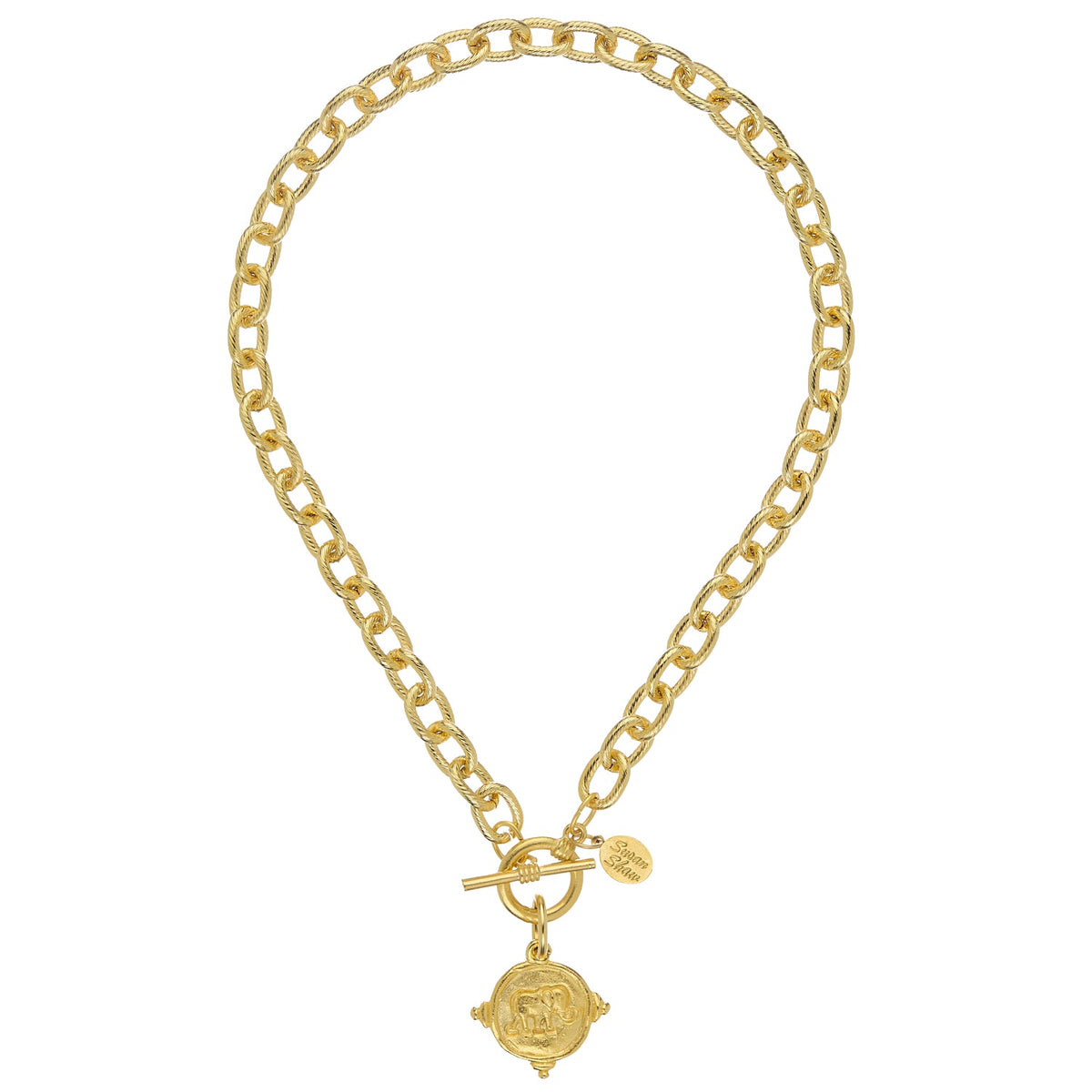 Gold toggle necklace with a chunky chain and a round elephant intaglio pendant.