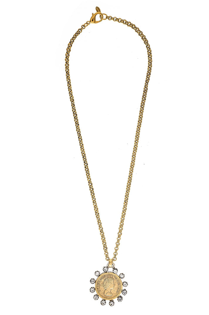 Jade Swarovski Crystal Coin Necklace with a 22K gold plated chain and crystal-framed coin pendant.