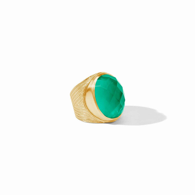 Verona Statement Ring featuring a green rose cut gemstone and gold chevron detailed shank.