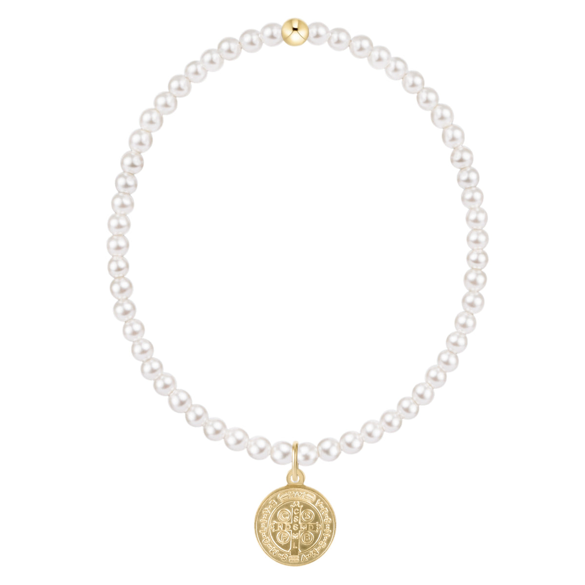 Classic Pearl 3mm Bracelet featuring white pearls and a gold Saint Benedict blessing disc charm.