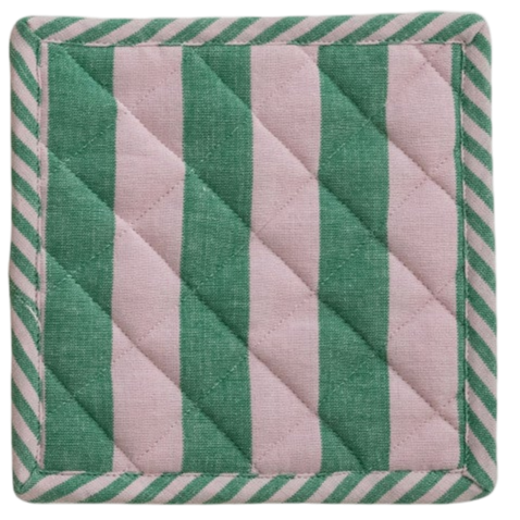 Square woven cotton pot holder with striped pattern in neutral tones.