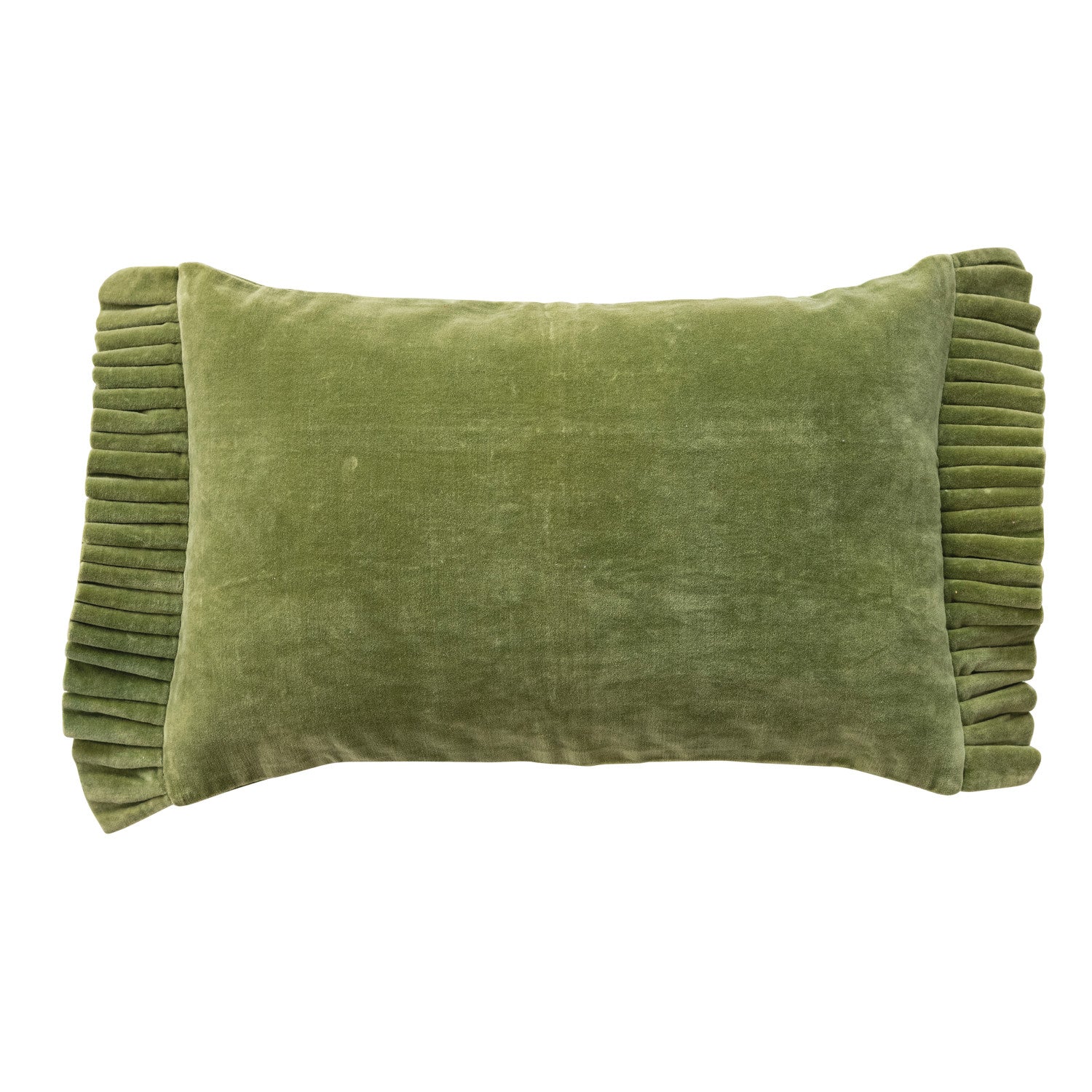 Moss green cotton velvet lumbar pillow with pleated ruffle trim on the sides.