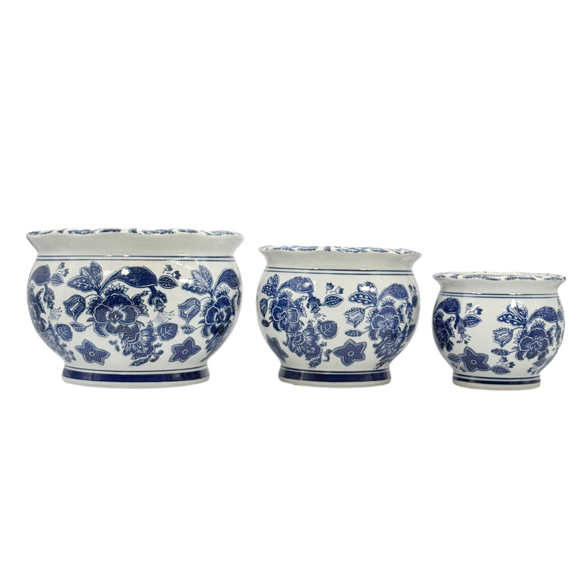 Round blue and white ceramic planter with chinoiserie fluting pattern