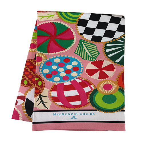 Jolly Ornaments Printed Dish Towel with colorful ornament patterns and MacKenzie-Childs logo.