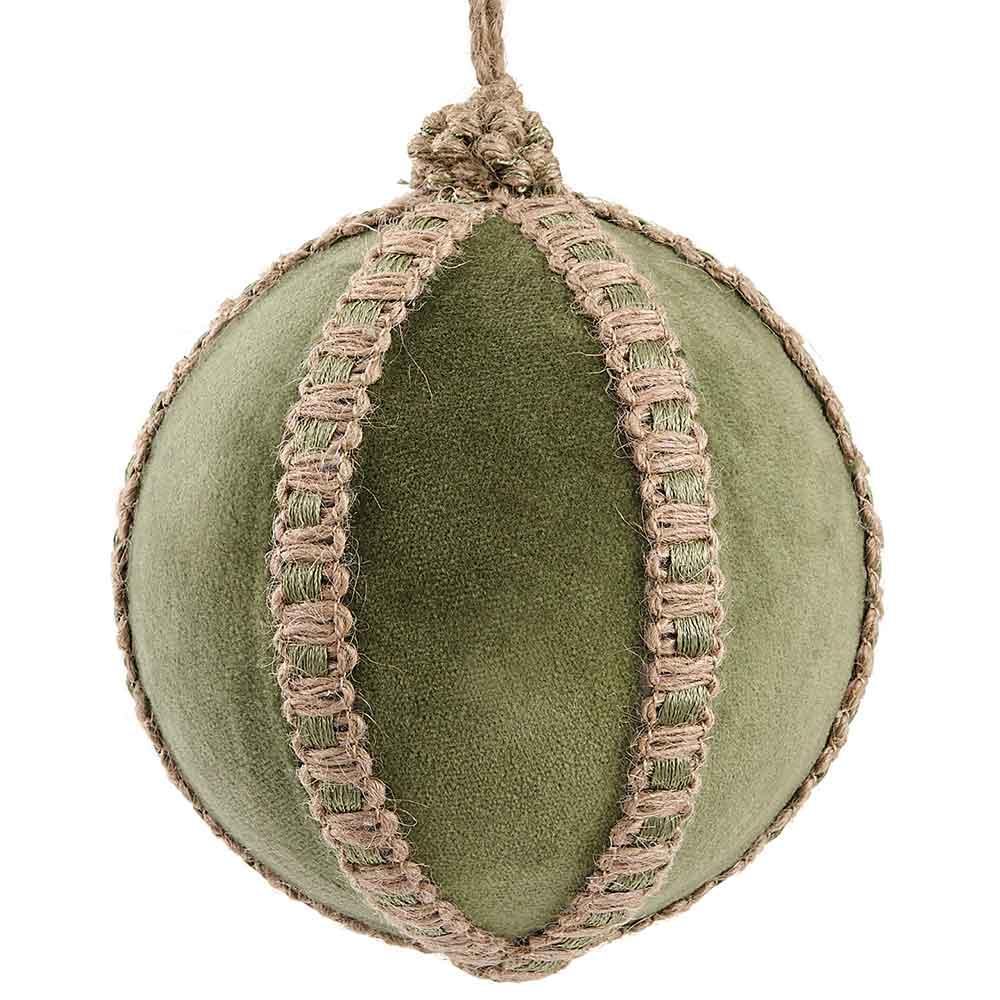 5-inch green velvet ball ornament with beige woven trim and hanging loop.