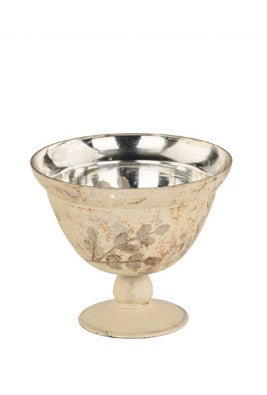 6-inch round antique cream metallic etched compote with decorative pattern