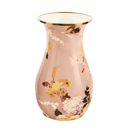 Tall pink floral vase with a gold rim and a flared top, featuring yellow and brown flower patterns.