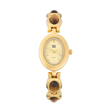 Oval goldtone watch with a champagne dial and tiger's eye stone accents on the bracelet.