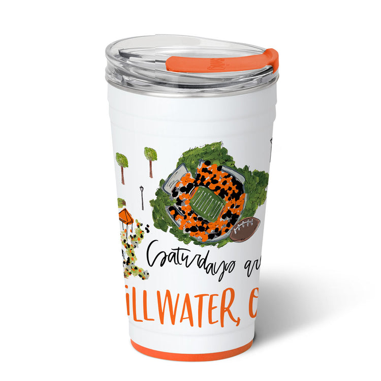 White 24oz insulated party cup featuring a Stillwater, Oklahoma football stadium illustration.