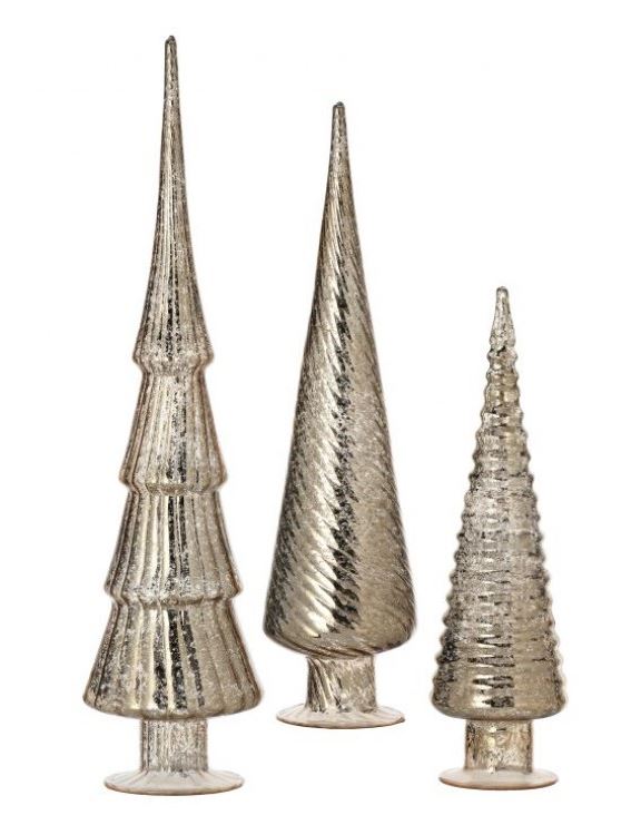 Mercury glass tree decor with a silver reflective finish on clear branches.