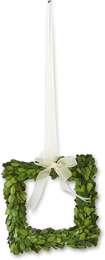 Square preserved boxwood wreath in natural green with a simple geometric frame