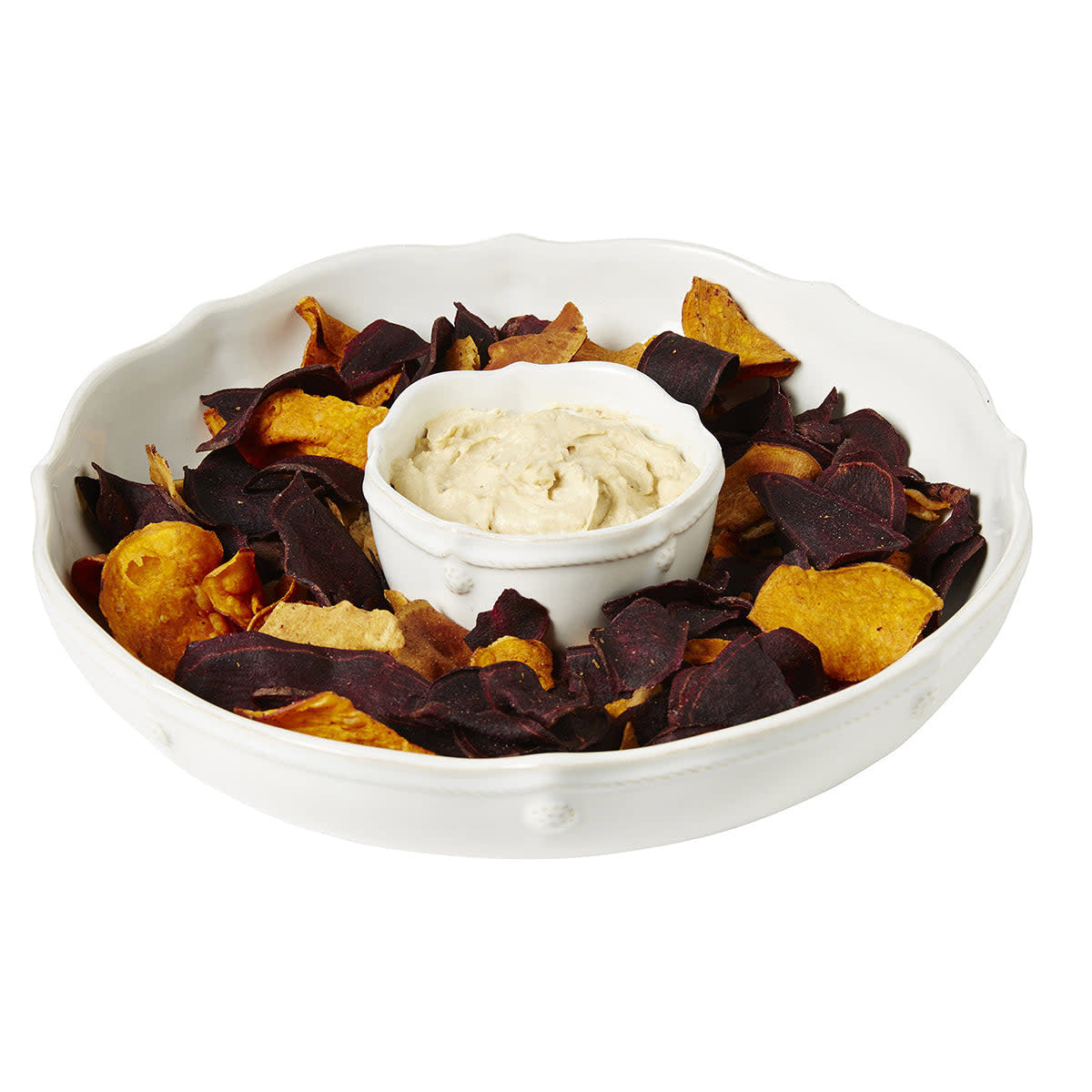 Ceramic chip and dip server set with berry motif fluting in whitewash finish