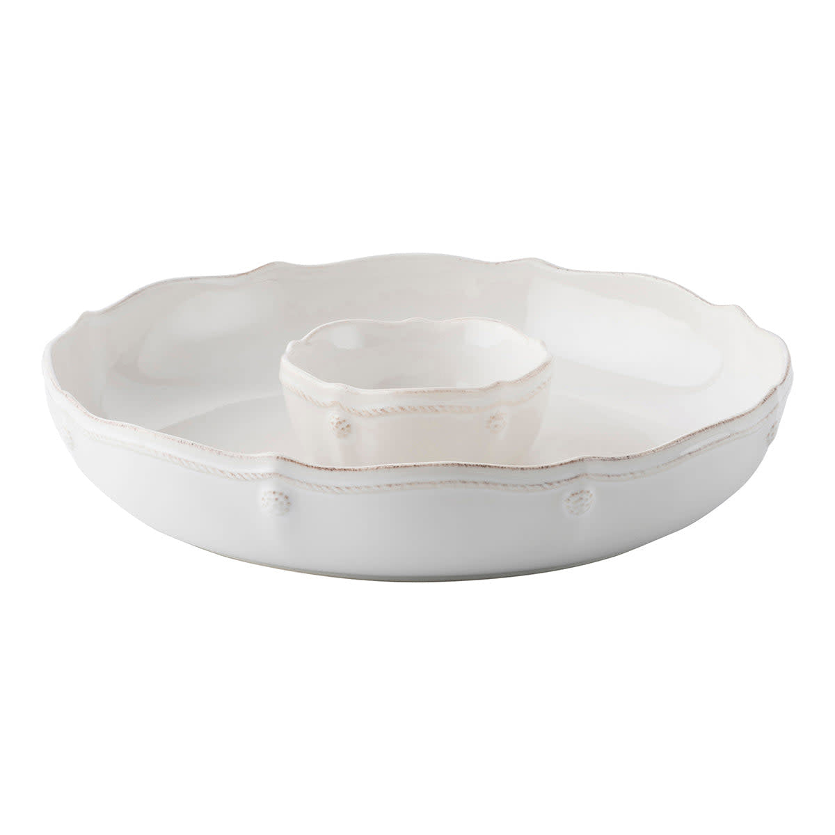 Ceramic chip and dip server set in whitewash with berry thread motif fluting