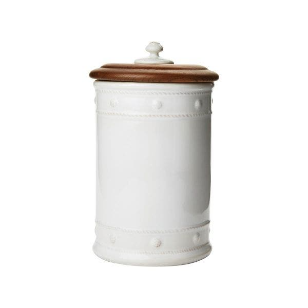 Berry & Thread canister with basket weave motif in berry color topped with an ash wood lid.