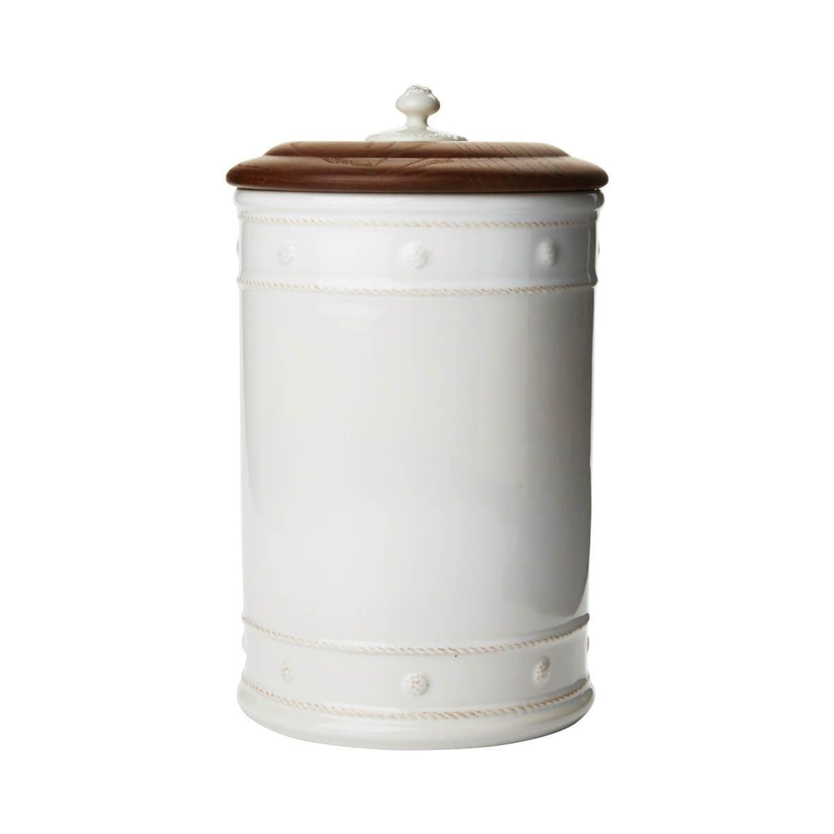 Ceramic stoneware canister in whitewash with basket weave motif and Ash Wood lid