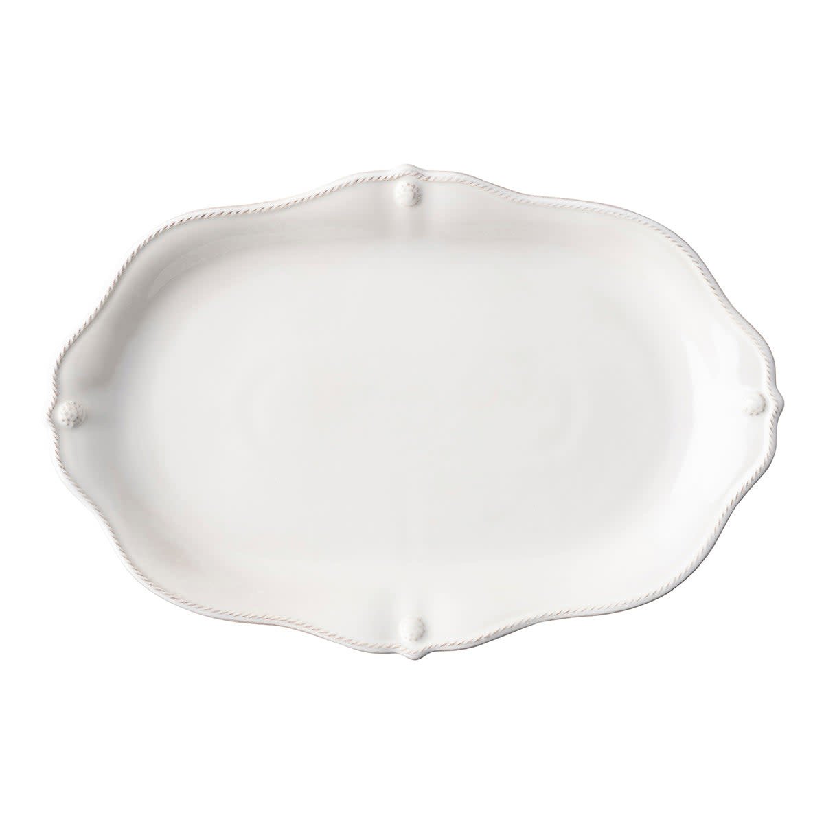 Whitewash ceramic platter with scalloped edge rimmed in thread and berry pattern