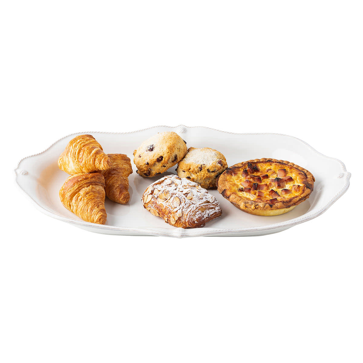 White ceramic platter with scalloped edge, simple rim thread detail, and berry pattern accents.