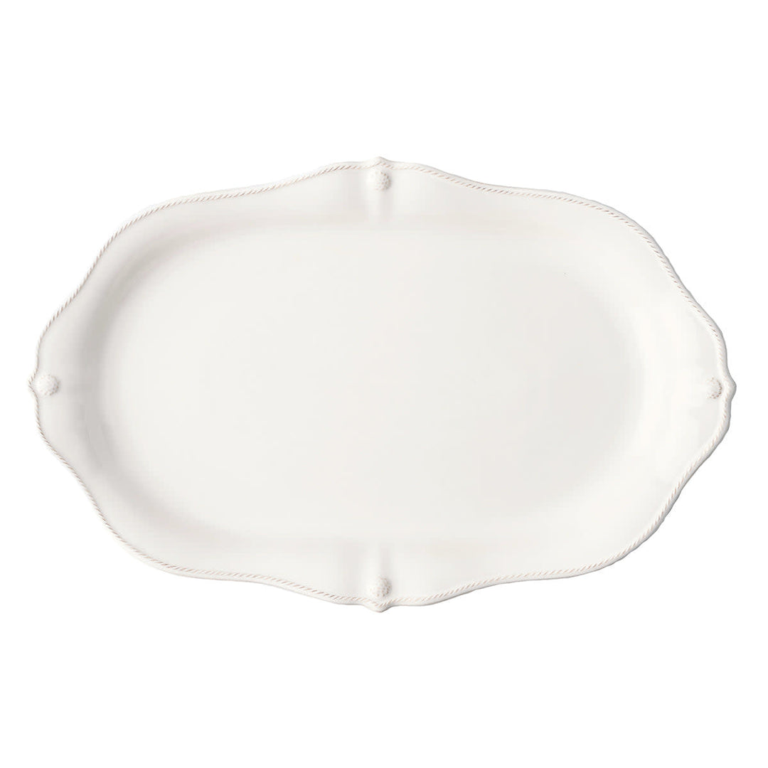 Whitewash ceramic platter with scalloped edge, berry motif rim and thread detail