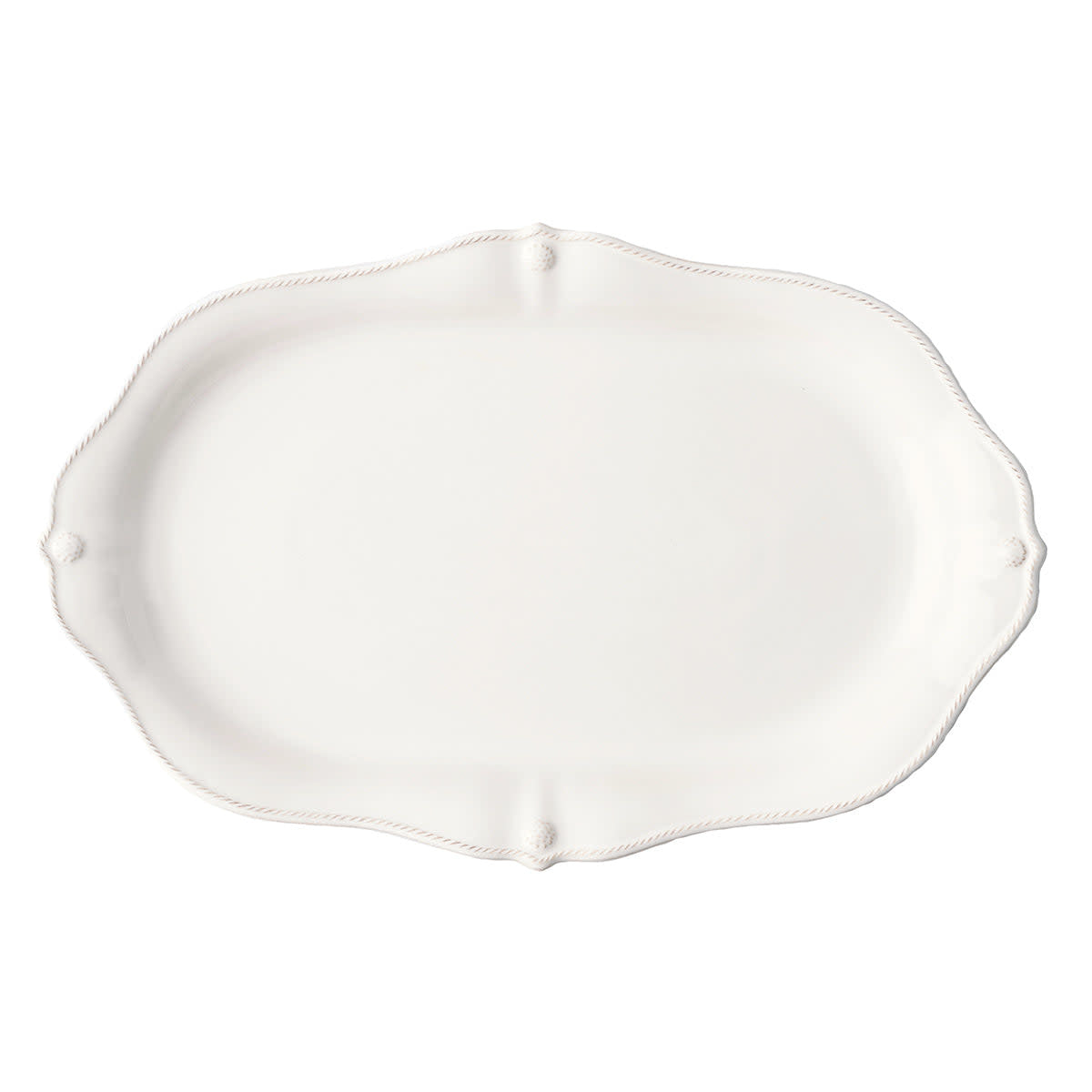 Whitewash ceramic platter with scalloped edge, berry motif rim and thread detail