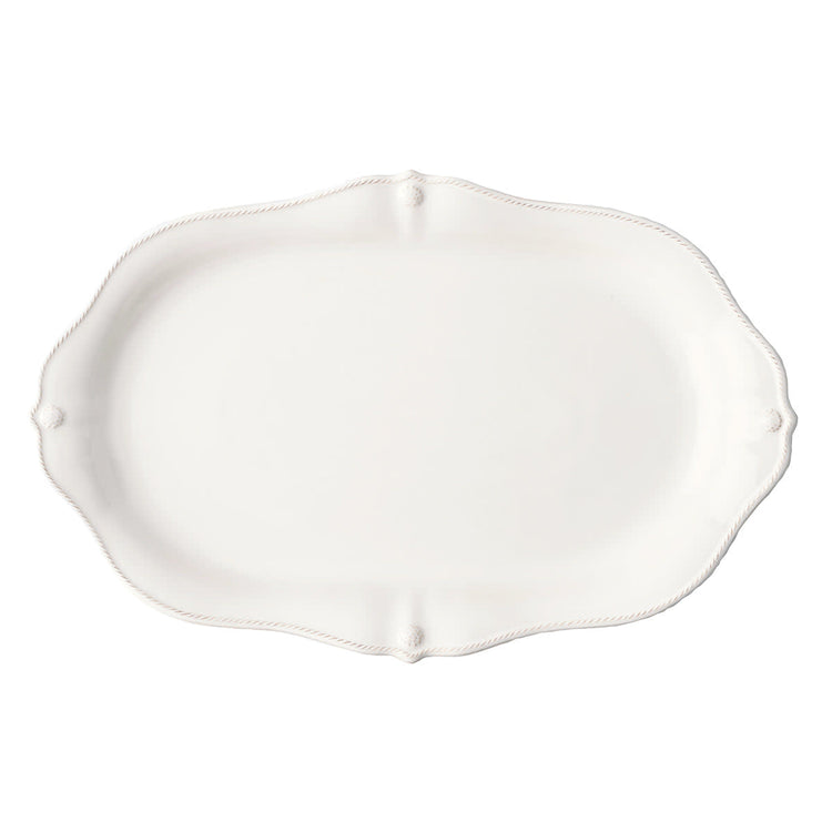Whitewash ceramic platter with scalloped edge, berry motif rim and thread detail
