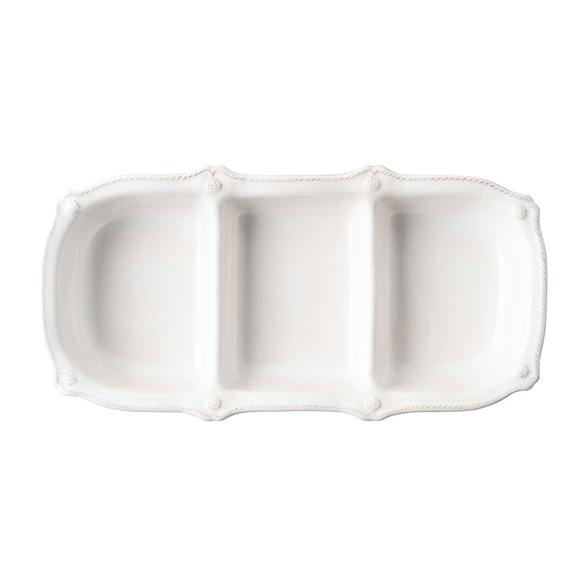 Triple ceramic server in whitewash with berry accents and thread rim
