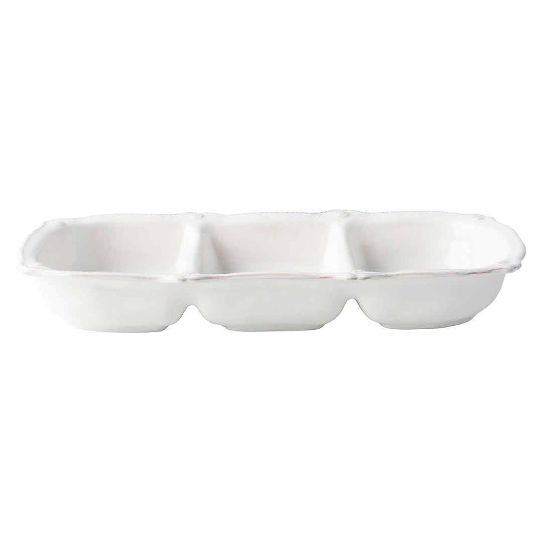 Triple ceramic server in whitewash with berry accents and rimmed thread detail