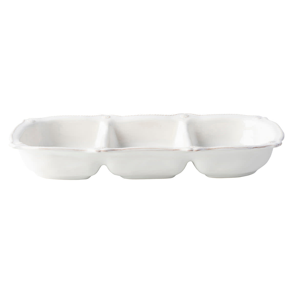 Triple ceramic server in whitewash with berry accents and rimmed thread detail