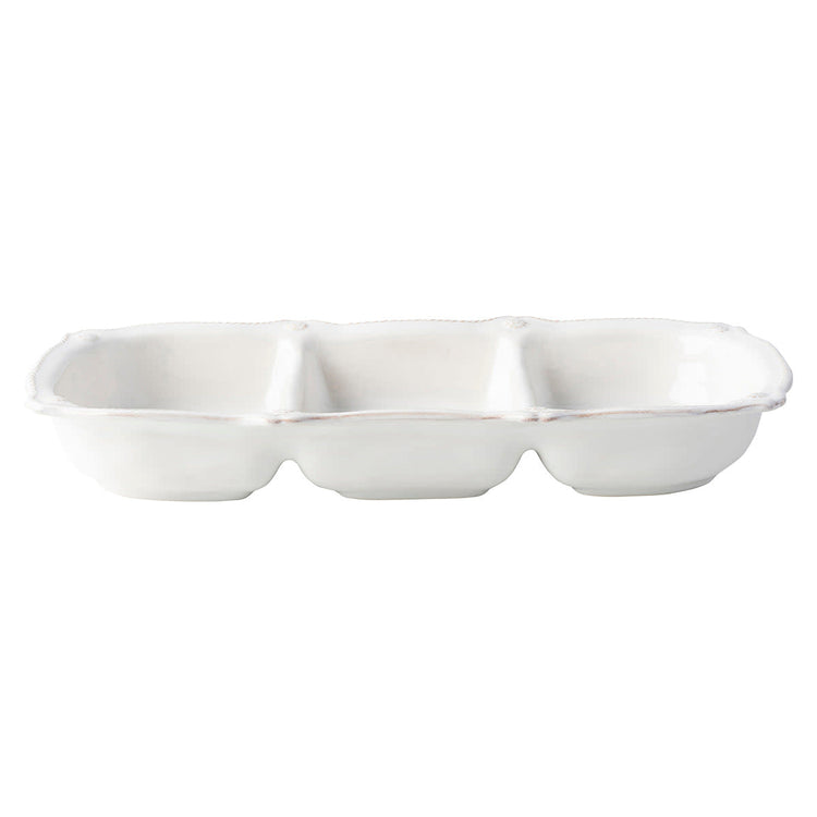 Triple ceramic server in whitewash with berry accents and rimmed thread detail
