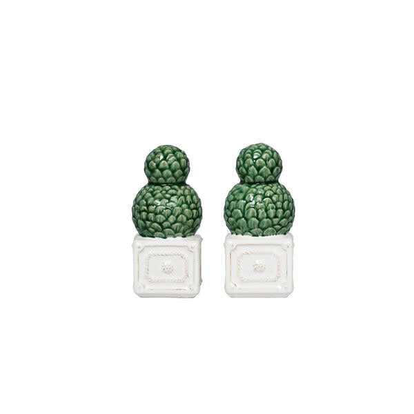 Hand-painted ceramic salt and pepper shakers shaped as green topiary bushes in berry-colored pots.