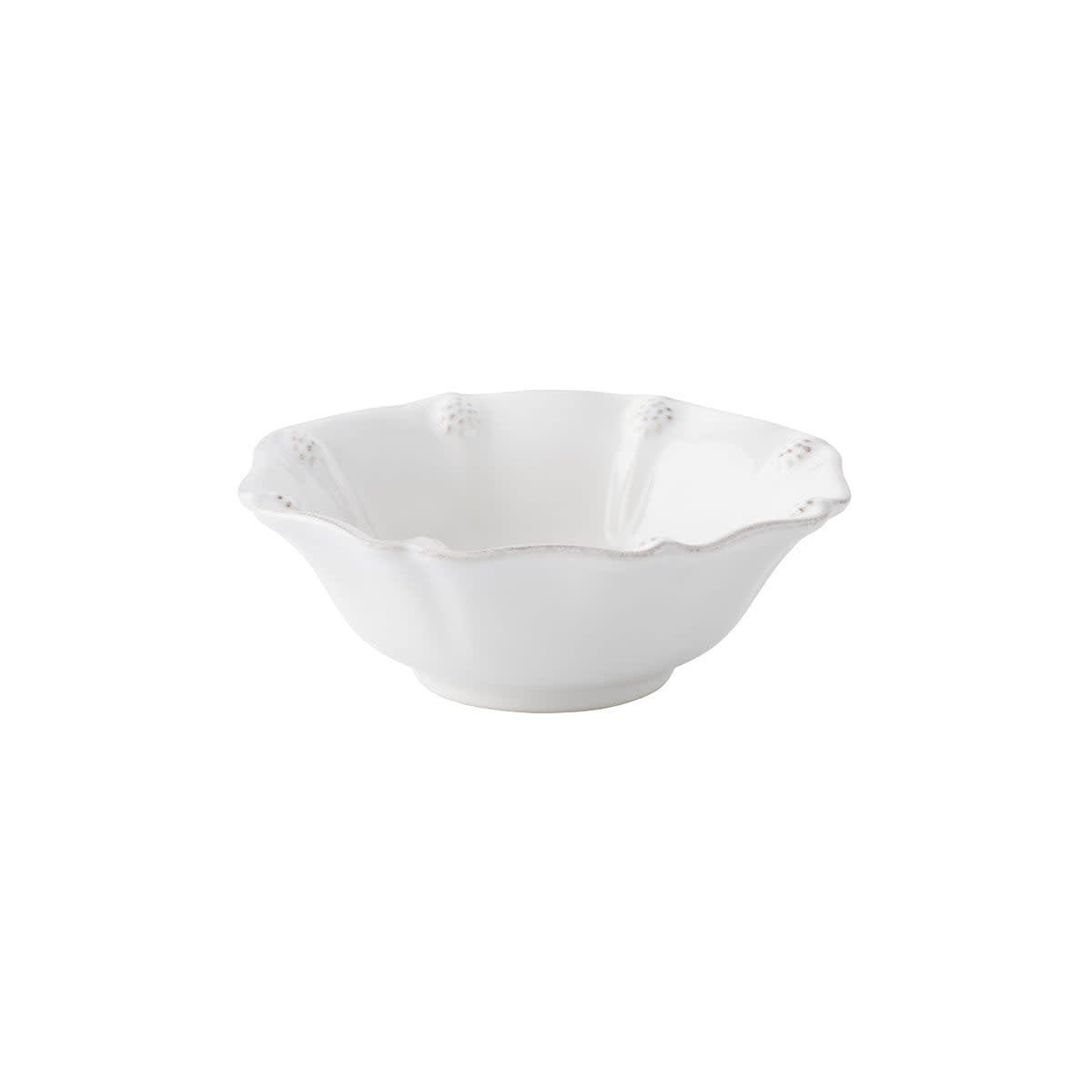 Whitewash ceramic berry bowl with ruffled fluting, scalloped edge, and painted berries.
