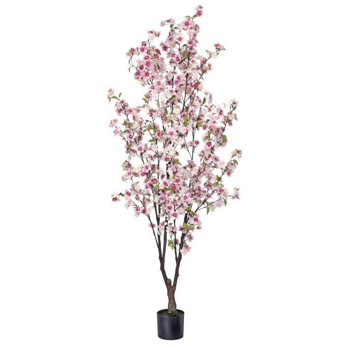 Silk cherry blossom tree in a black resin planter pot.