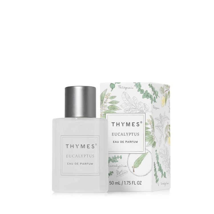 Thymes Eucalyptus Eau de Parfum 50ml bottle with floral patterned box.