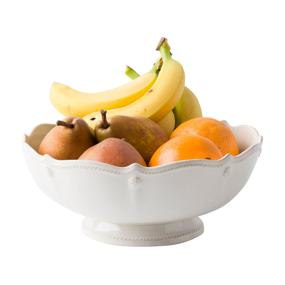 Whitewash ceramic footed fruit bowl with scalloped edge and berry thread motif