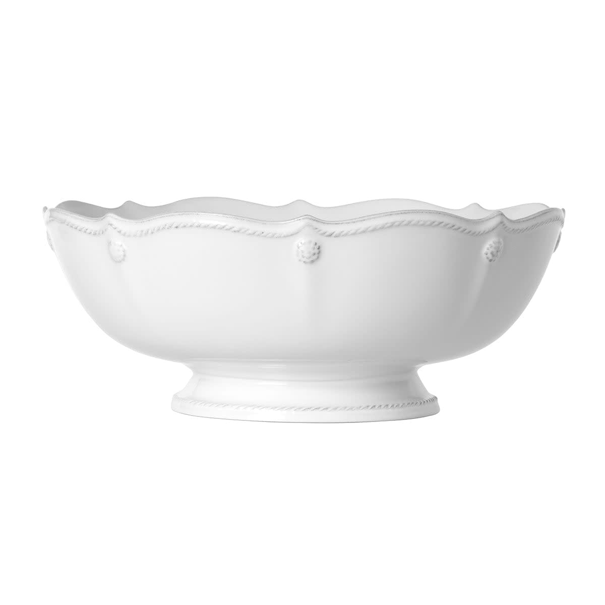 Whitewash ceramic footed fruit bowl with scalloped edge and berry thread motif