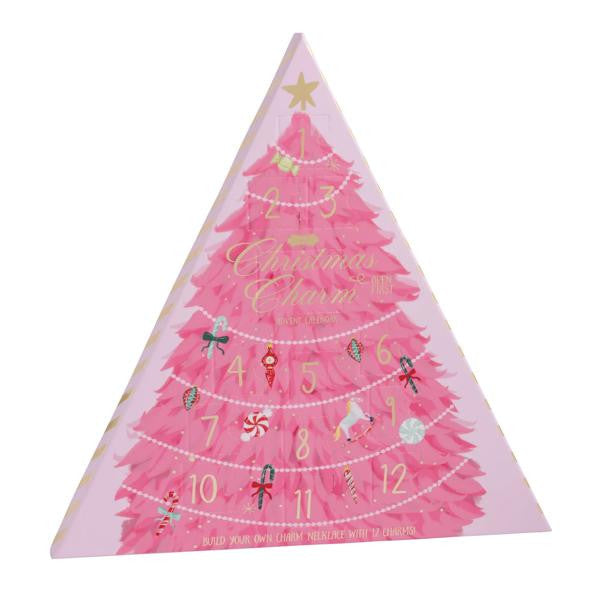 Pink triangle-shaped Christmas Tree Charm Advent Calendar with 12 numbered doors and gold accents.